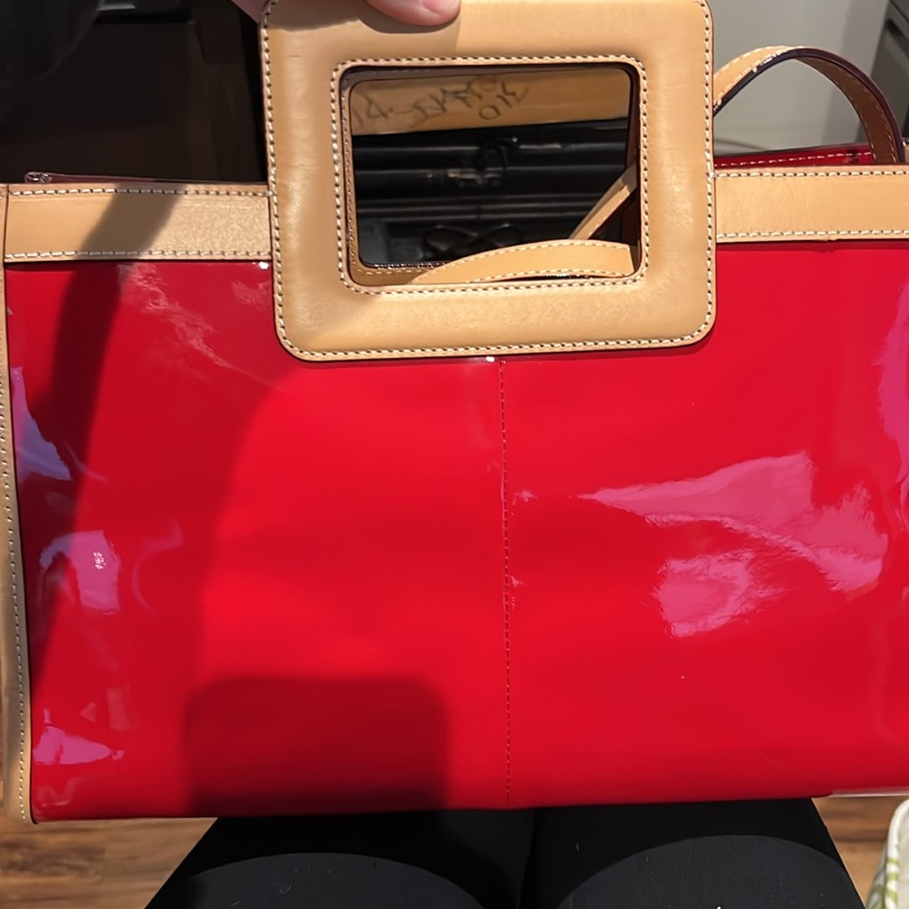 Frances Valentine Red Patent Tote with Tan Trim